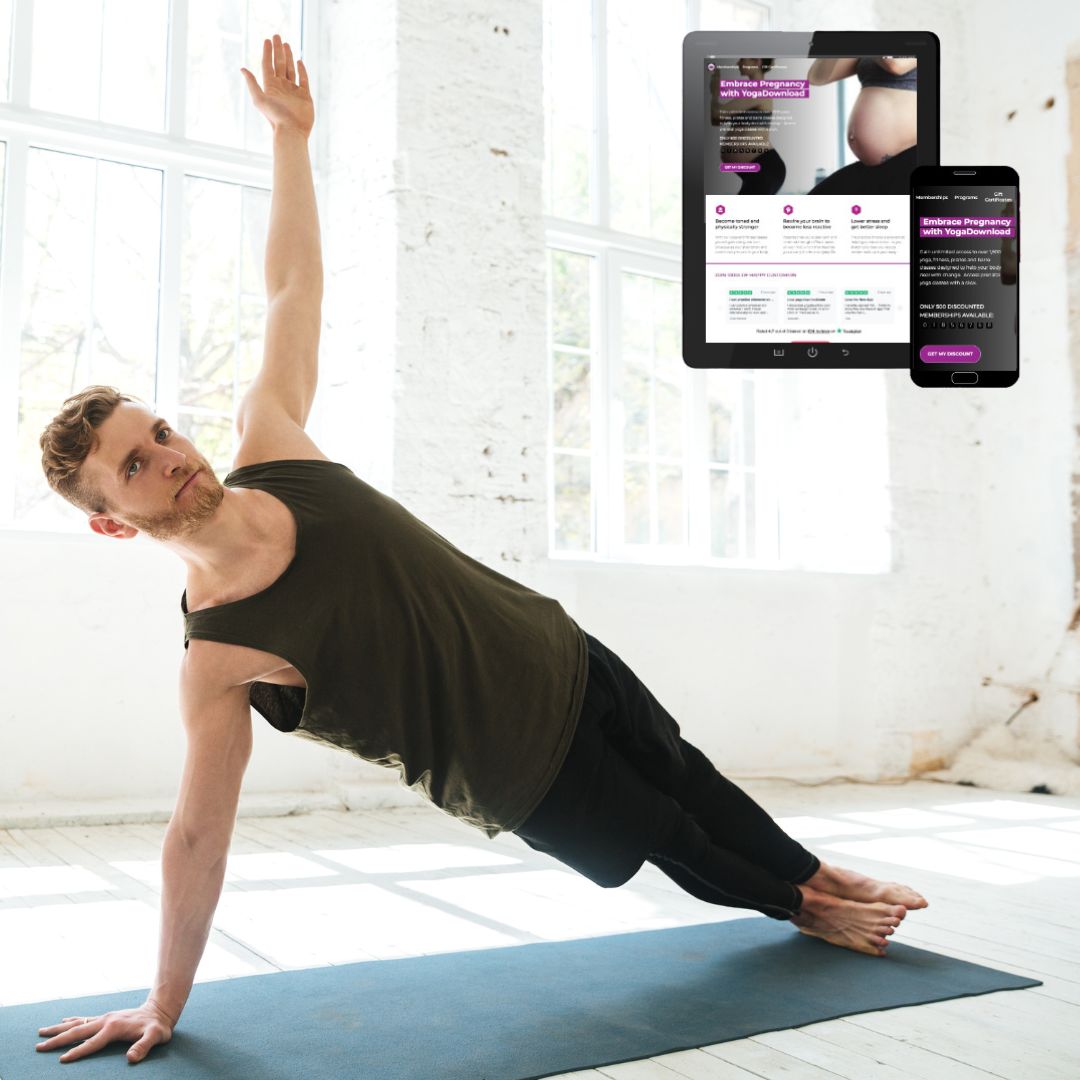 Yoga Download man in pose with ipad